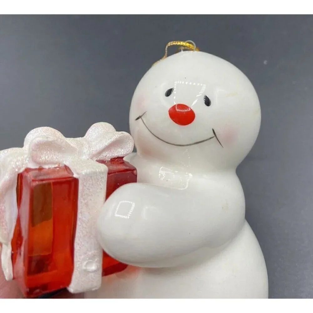 Handmade Ceramic Snowman Christmas Tree Ornament Anthropomorphic White Red  2005
